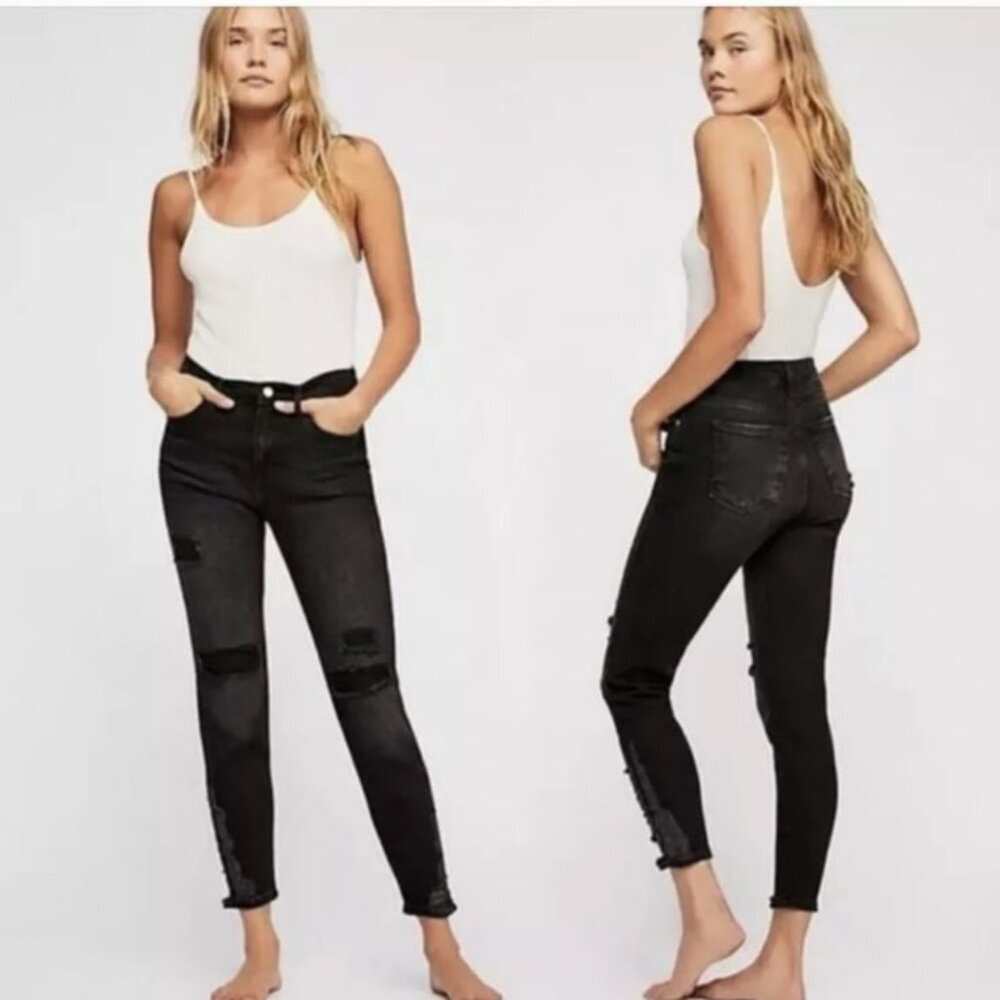 Free People About A Girl Black  Distressed High Rise Skinny Jeans